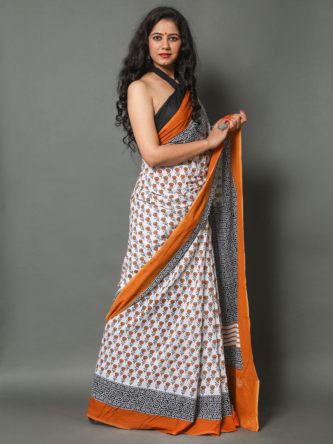 Traditional Printed Orange & White Saree view 3